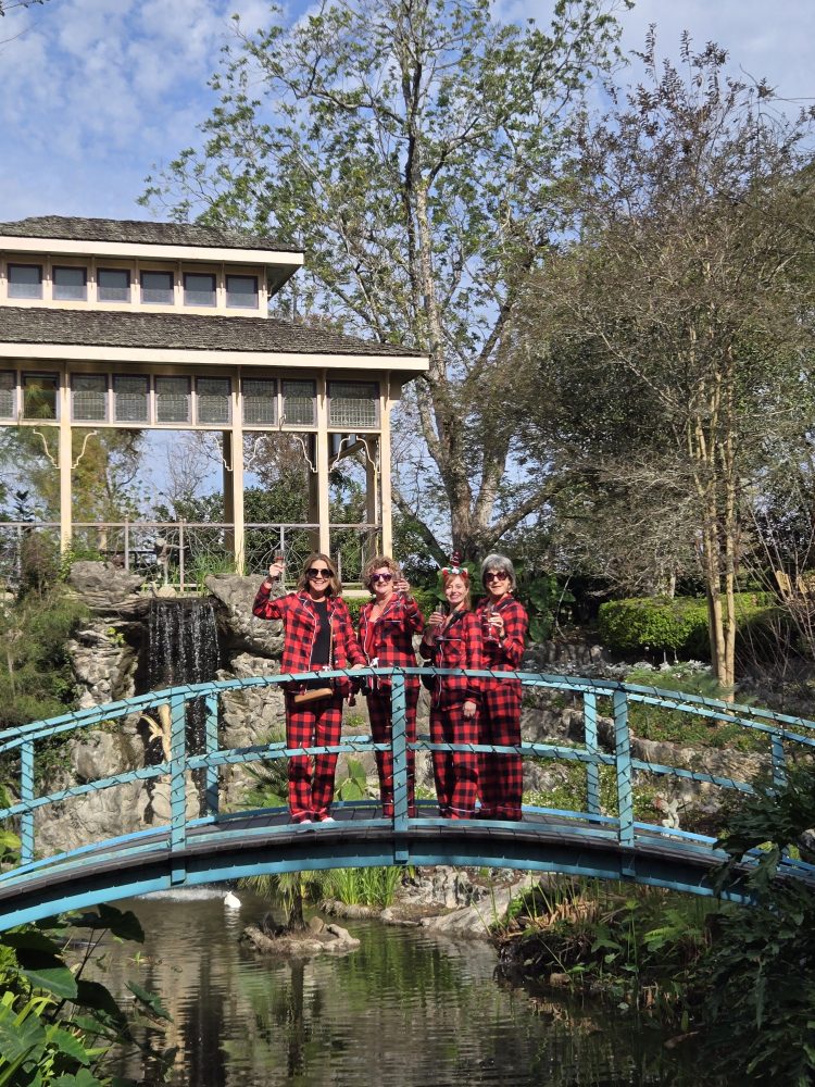 a group of people on a bridge