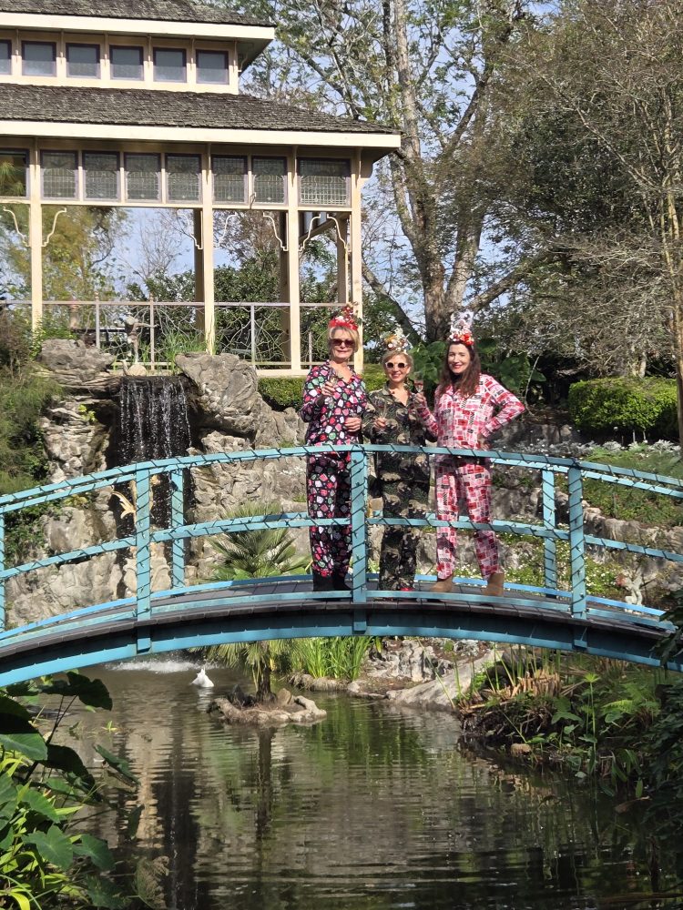 a group of people on a bridge