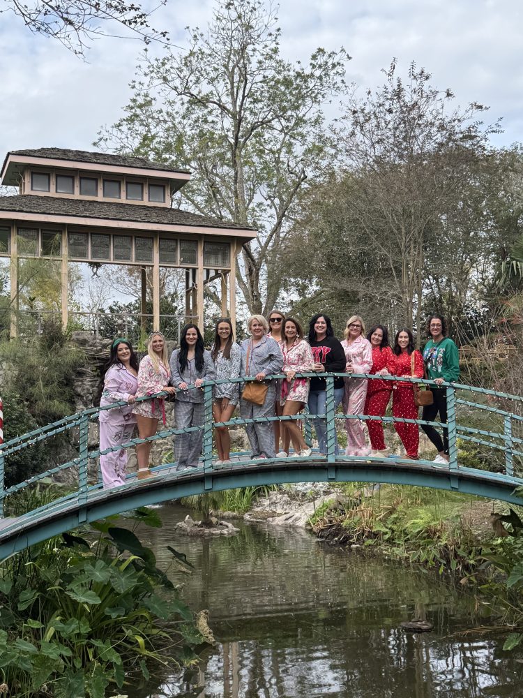 a group of people standing on a bridge over a river