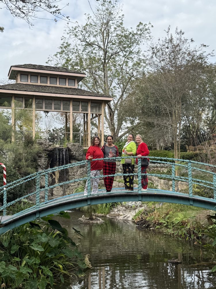 a group of people on a bridge over a body of water