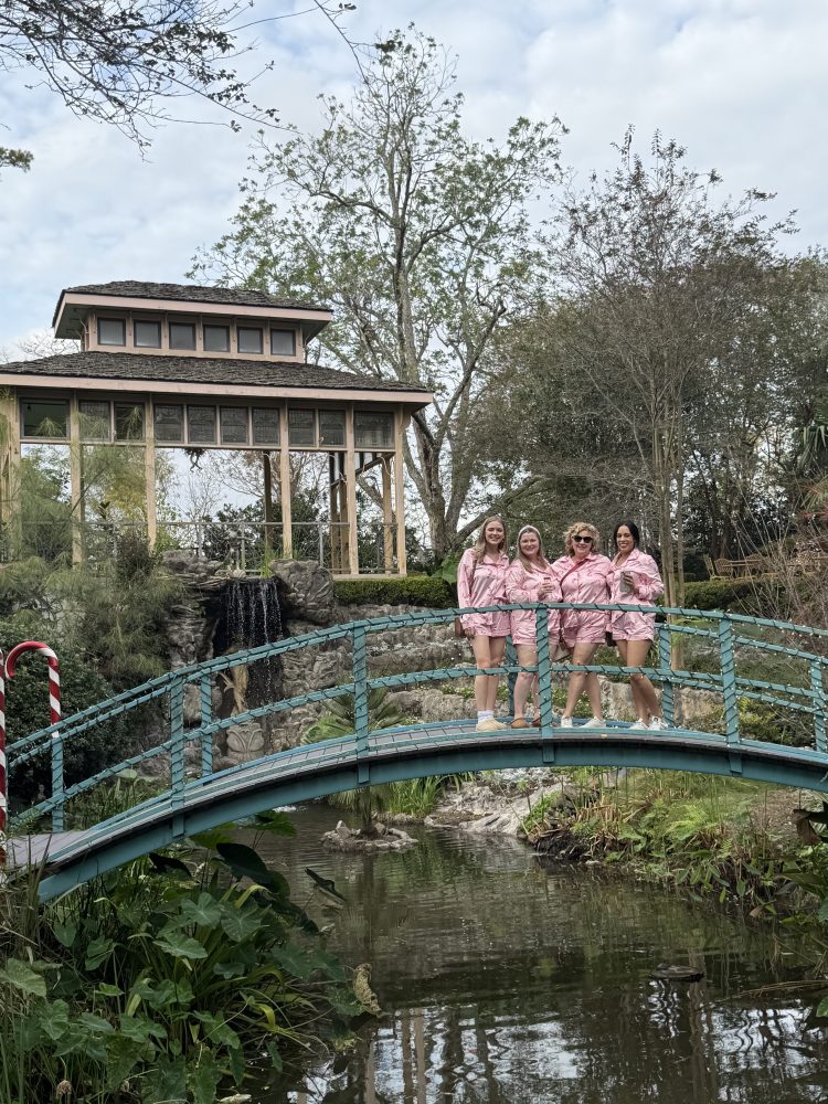 a group of people on a bridge over a river