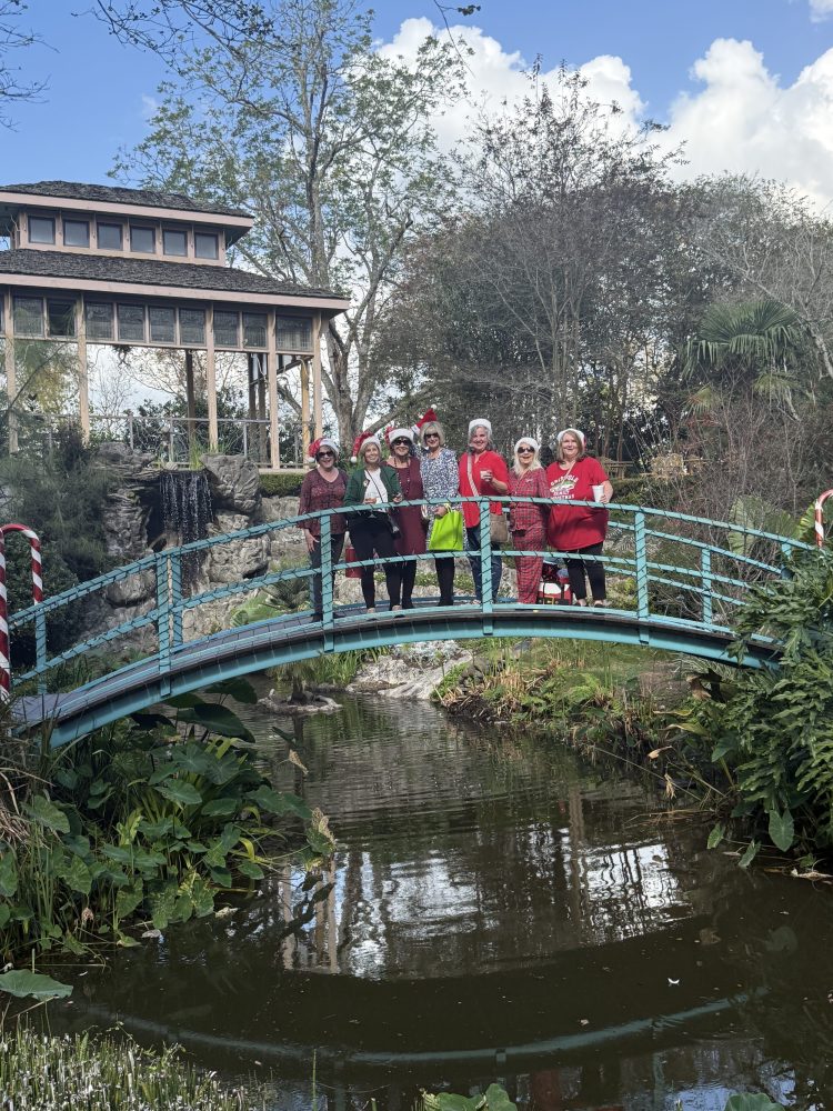 a group of people crossing a bridge over a river