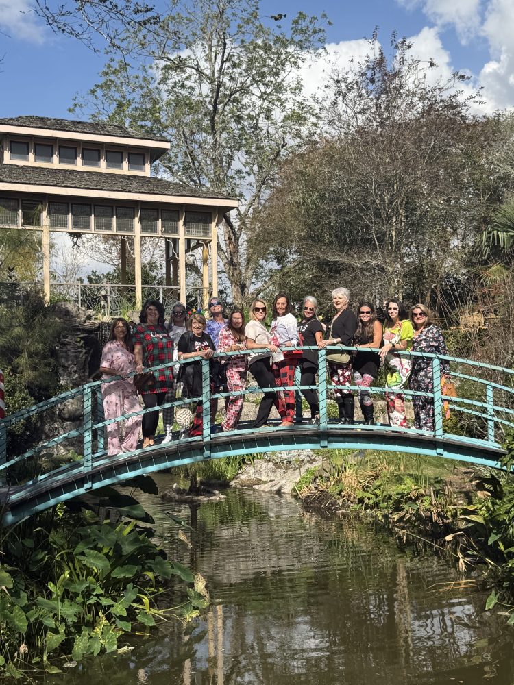 a group of people on a bridge